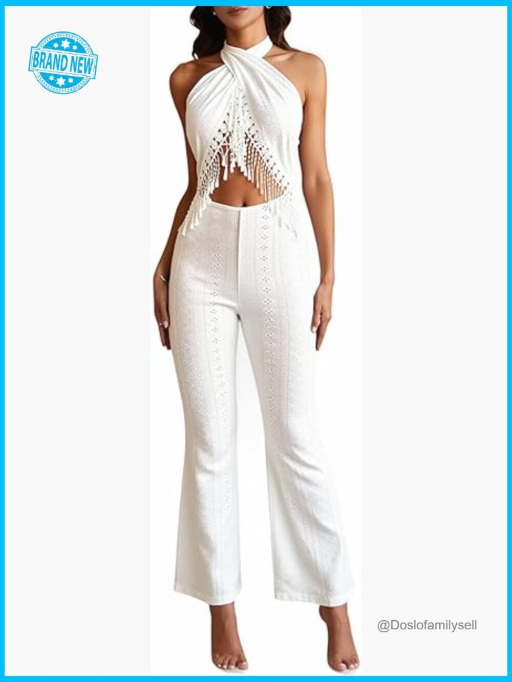 Boho Western Fringe Halter Jumpsuit Eyelet Embroidery Backless Flare Leg Romper